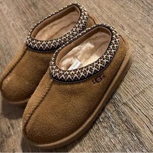 UGG Tan Suede Slip-Ons with Patterned Trim